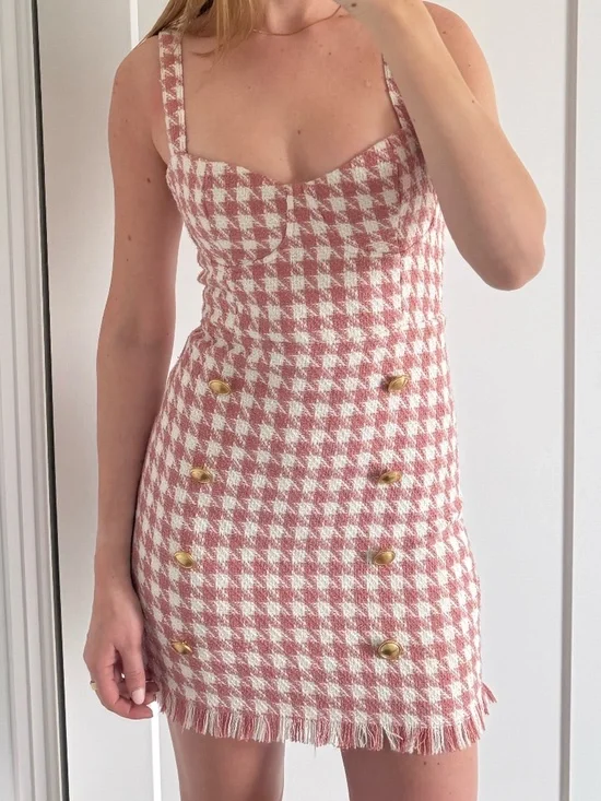 Pink Tweed Mini Dress Women’s Size S Gold Button Houndstooth (black/white avail) - Picture 13 of 13